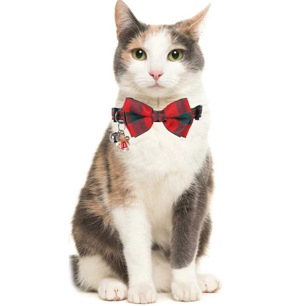 Рождественский ошейник для кошек Breakaway с милым галстуком бабочкой и колокольчиком для котенка Регулируемый Защитный ошейник для котенка для кошек женского пола Изображение 3 