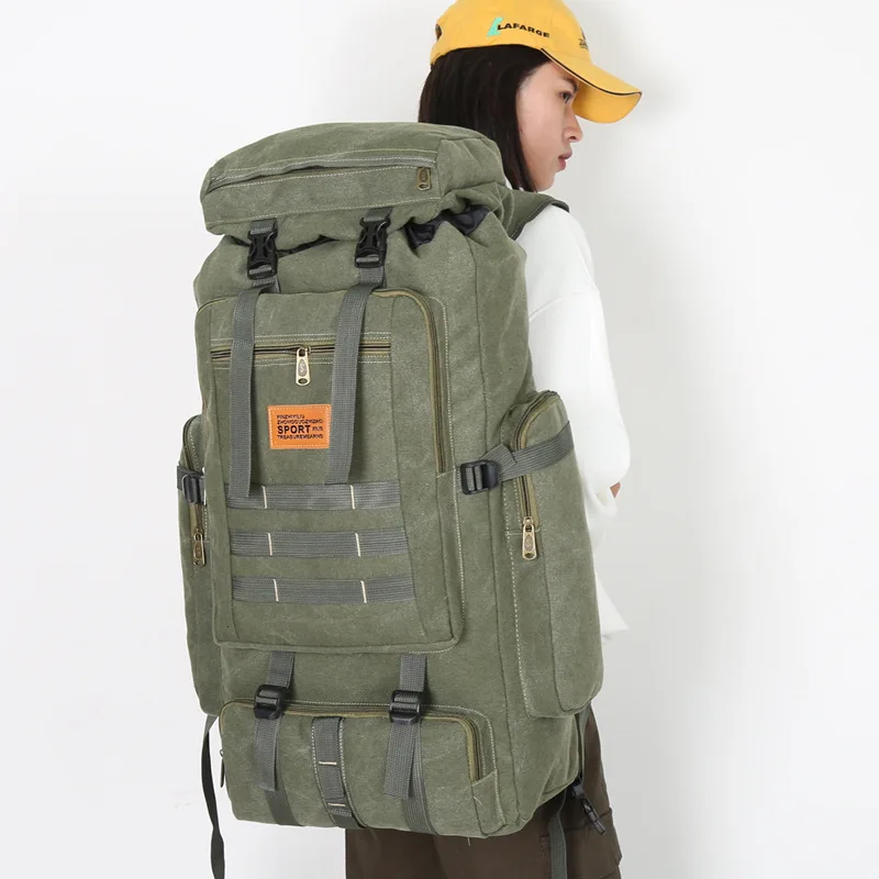 Рюкзак большой емкости объемом 80 л, холщовый рюкзак с пряжкой на шнурке, многофункциональная сумка для альпинизма на открытом воздухе Изображение 2 