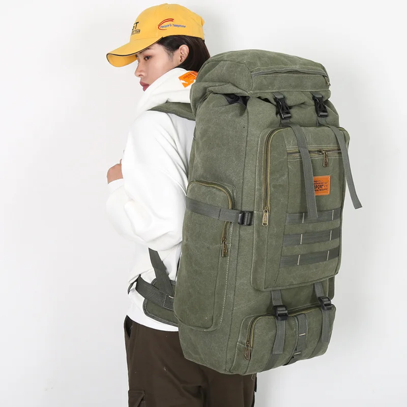 Рюкзак большой емкости объемом 80 л, холщовый рюкзак с пряжкой на шнурке, многофункциональная сумка для альпинизма на открытом воздухе Изображение 3 