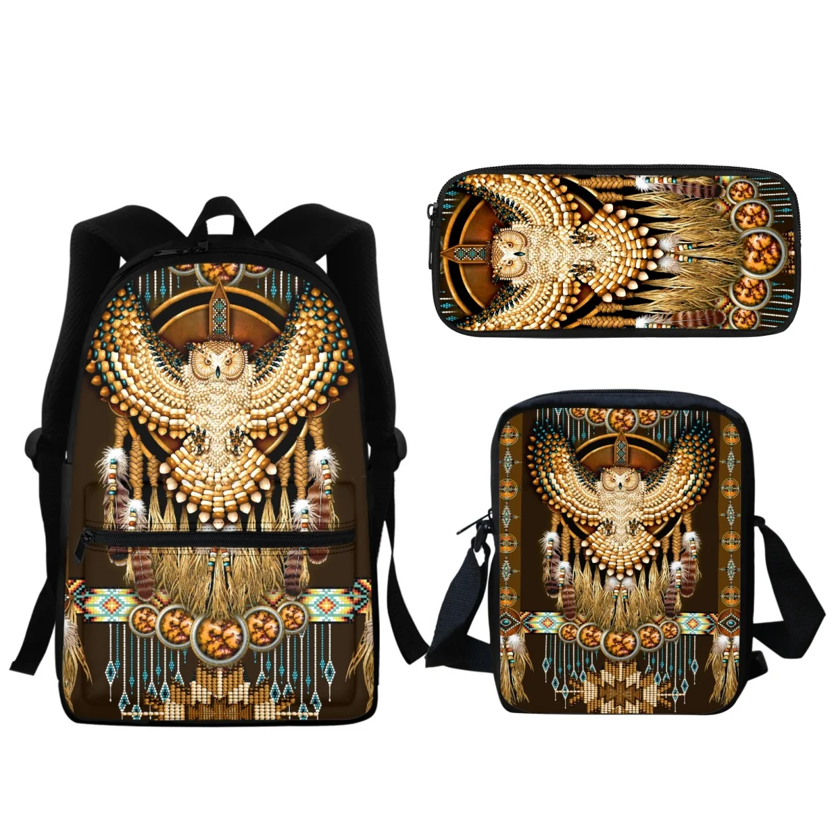 Рюкзак роскошного дизайна Tribal Owl, комплект из 3 предметов, школьная сумка для подростков, большая вместительная школьная сумка на молнии, пенал, маленькая сумка-мессенджер