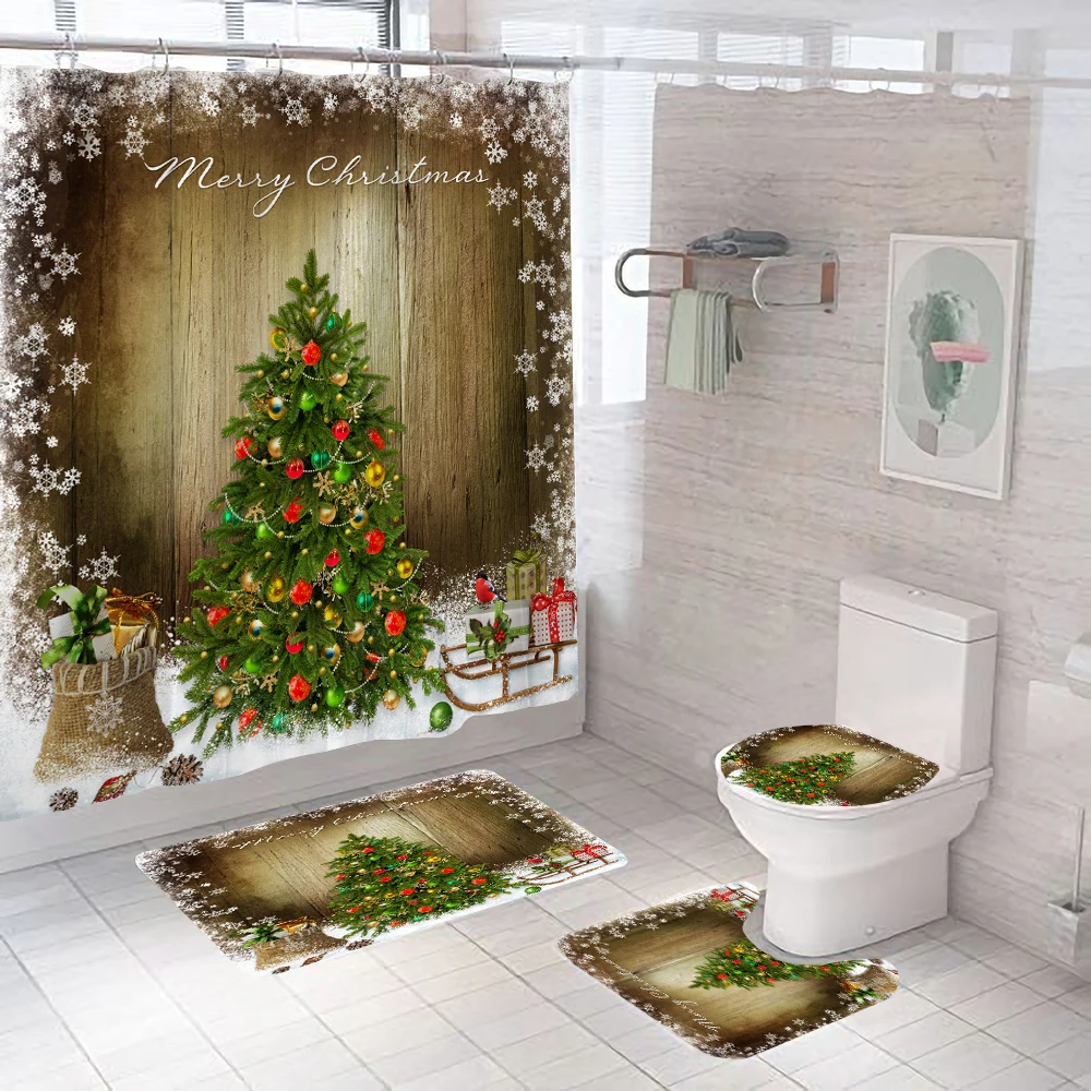 С Рождеством, 3D Занавески для душа, Занавеска для ванной, Снежинка, Рождественская елка, Коврики для ванной, коврики, Нескользящий ковер, крышка унитаза Изображение 1 