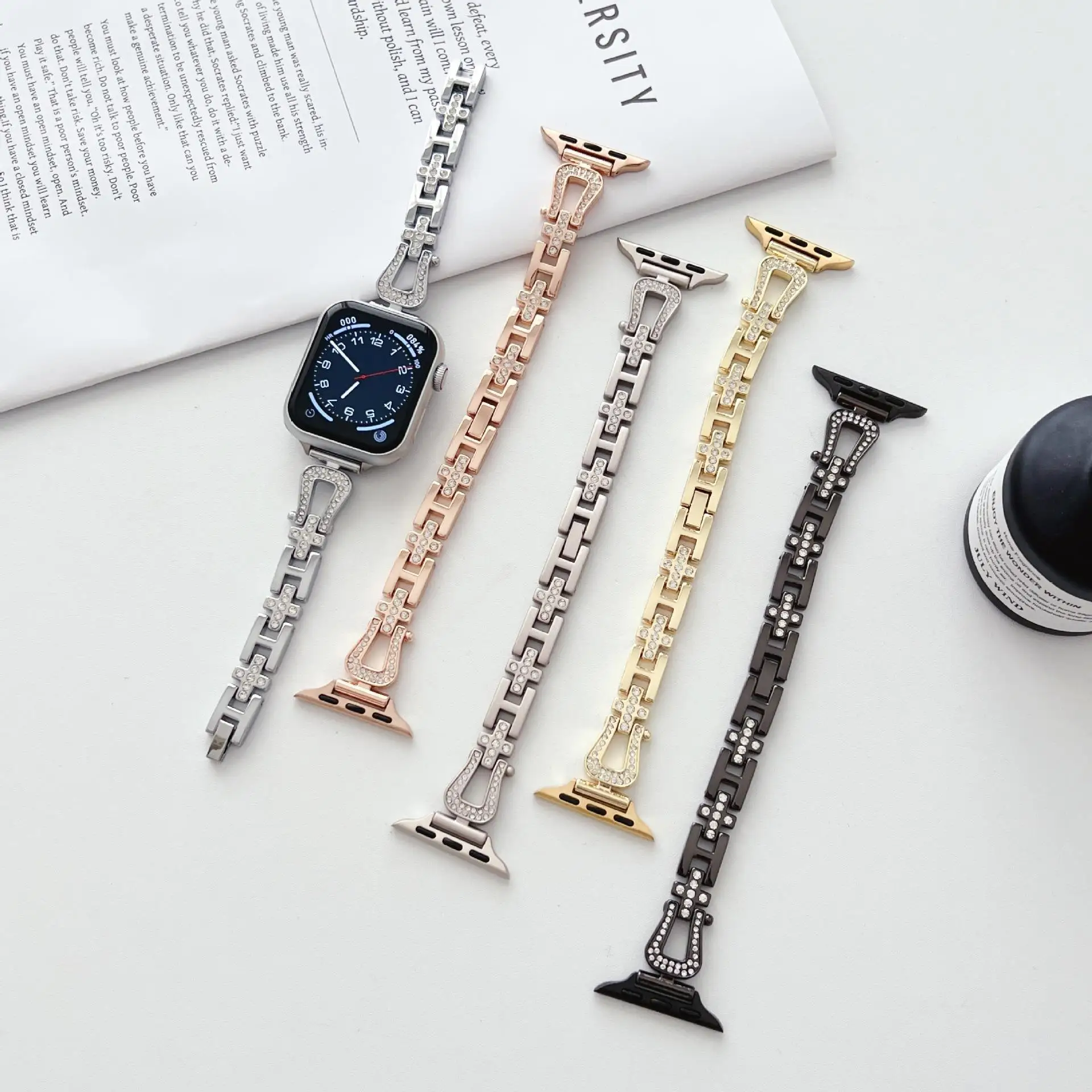 Сверкающий бриллиантовый металлический ремешок для часов Apple Watch 4, 5, 6, 7, 8, ультра модный тонкий браслет для iWatch