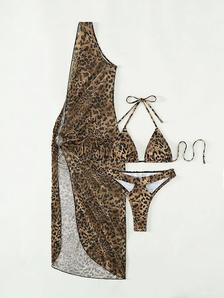 Сексуальный комплект бикини с леопардовым принтом, женская асимметричная юбка-накидка, купальник-стринги, летний купальник, бандаж, 3 предмета, купальники Изображение 2 