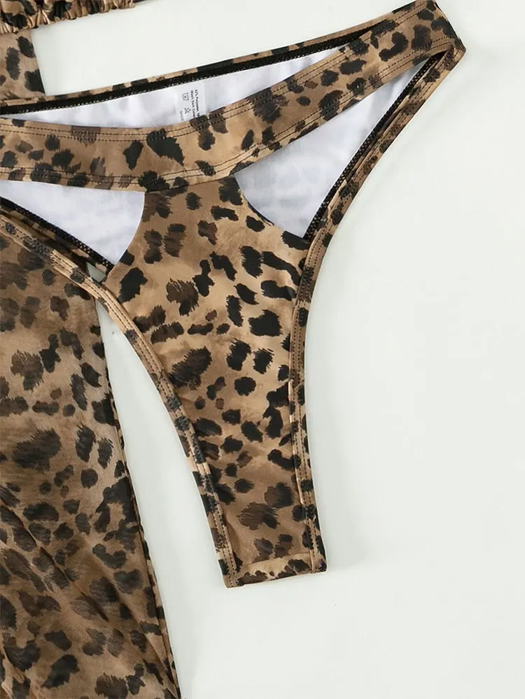 Сексуальный комплект бикини с леопардовым принтом, женская асимметричная юбка-накидка, купальник-стринги, летний купальник, бандаж, 3 предмета, купальники Изображение 4 