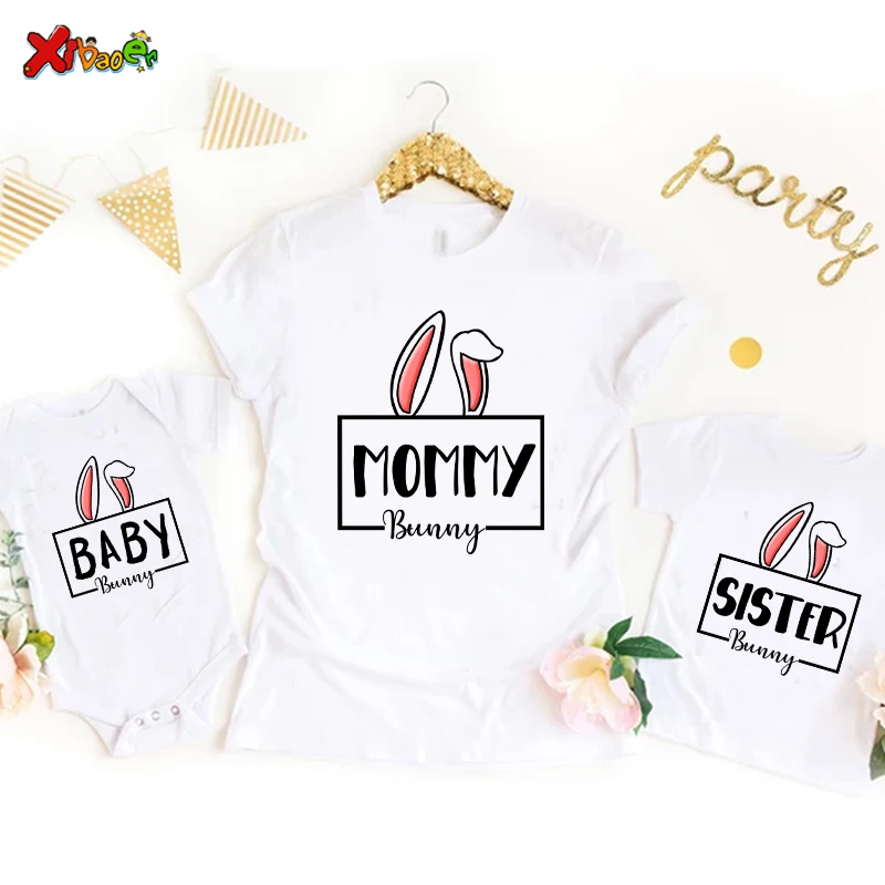 Семейные рубашки с кроликами, семейные футболки, семейные тройники, рубашка с Пасхальным кроликом, подходящая к одежде с пользовательским именем для семьи, подходящая к одежде для ребенка, футболка Изображение 1 