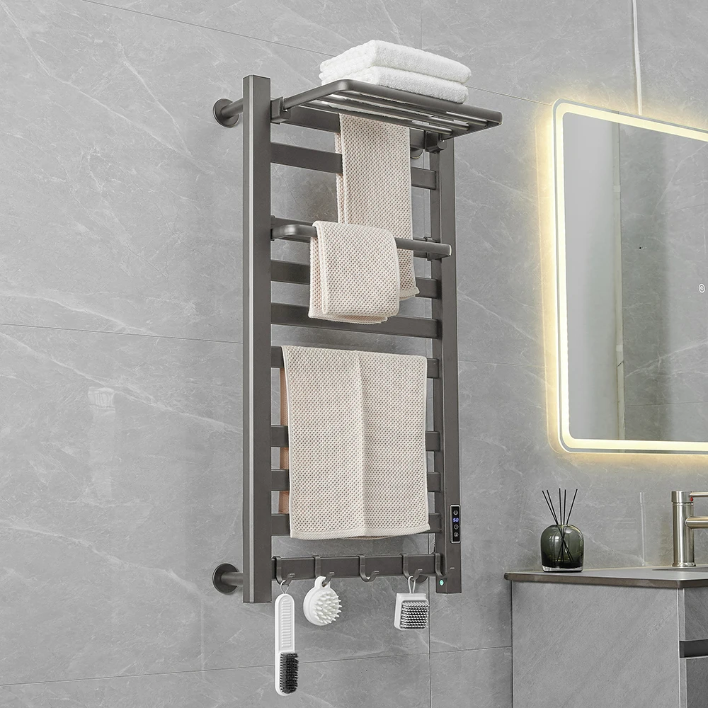 Серый Электрический полотенцесушитель для ванной комнаты, радиатор на 8 стержней, настенные подставки для полотенец с водонепроницаемым выключателем Из алюминиевого сплава Изображение 0 