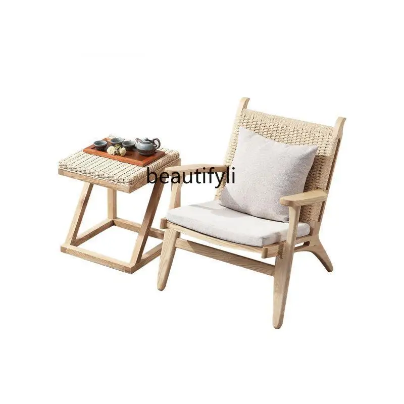 Скандинавский современный минималистичный ротанговый стул B & B Balcony Beach Из массива дерева с пеньковой веревкой, односпальный диван, шезлонг из ротанга для отдыха