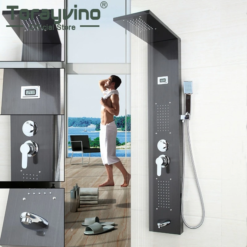 Современная душевая колонка Torayvino для ванной комнаты, душевая панель, ручной душ, массажные форсунки, смеситель для душа с матовой никелевой пластиной Изображение 0 