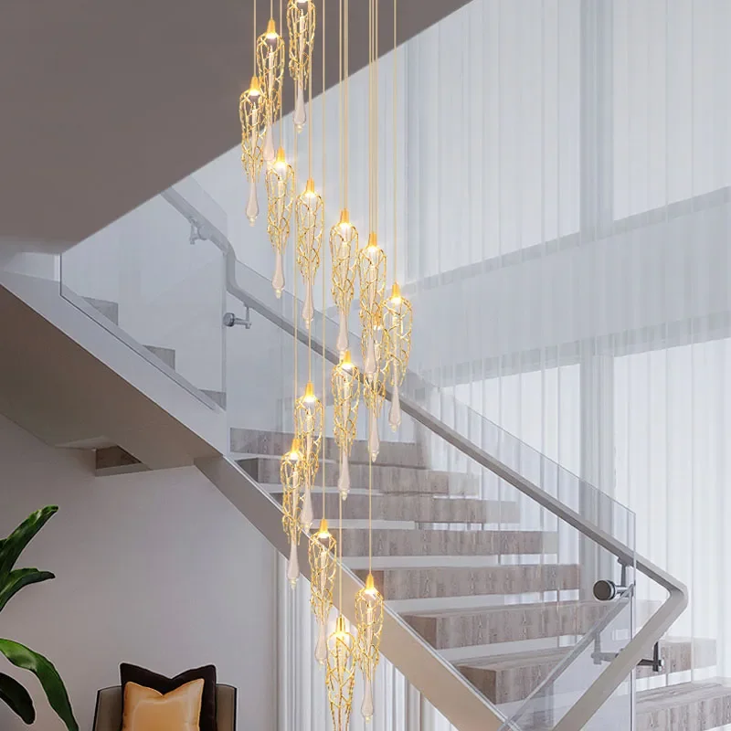 Современная хрустальная светодиодная люстра для лестницы, роскошные подвесные светильники Cristal Long Art, спиральные светильники для помещений большого размера.