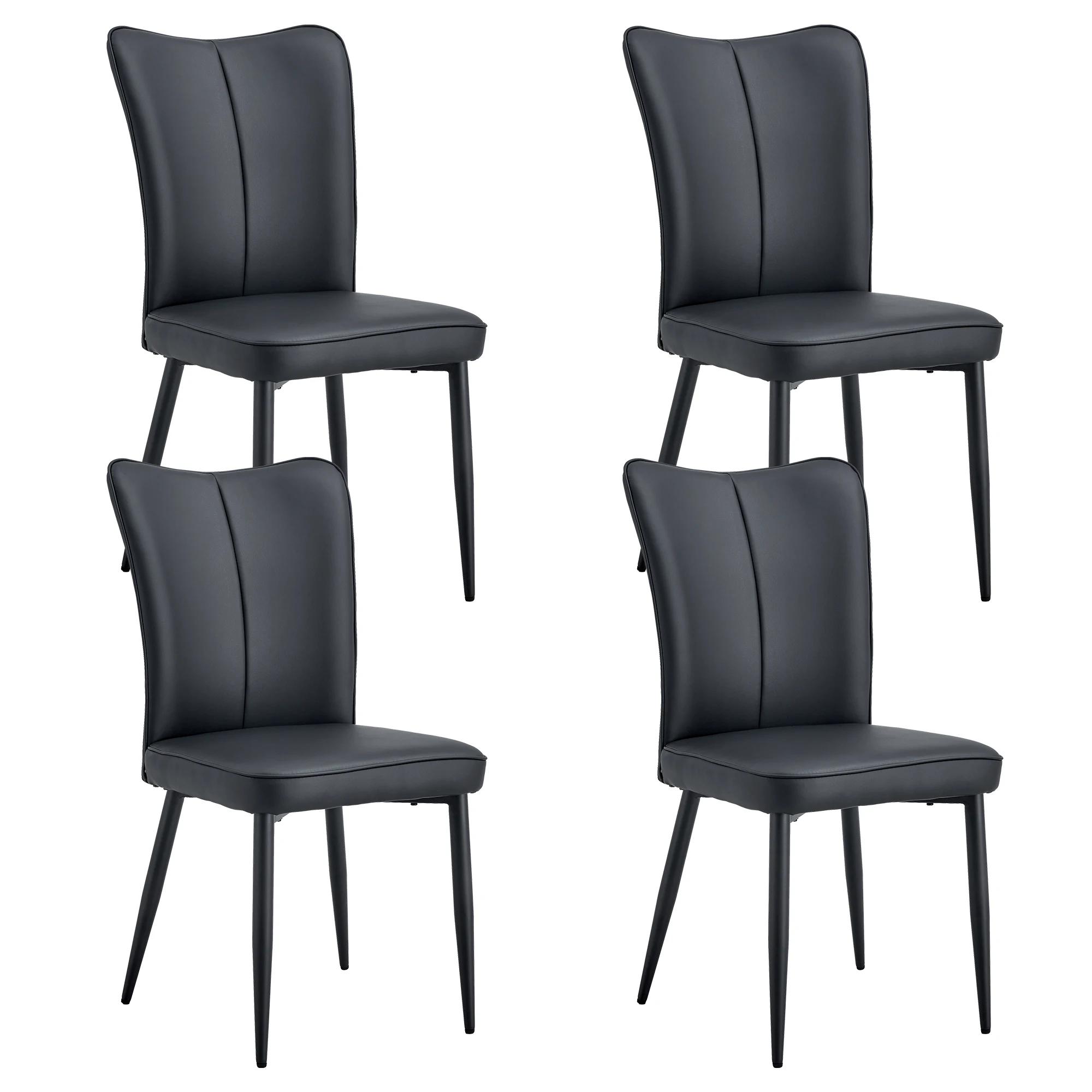 Современные обеденные стулья в минималистичном стиле, изогнутые спинка и подушки сидений из черной искусственной кожи, ножки стульев из черного металла. Набор из четырех