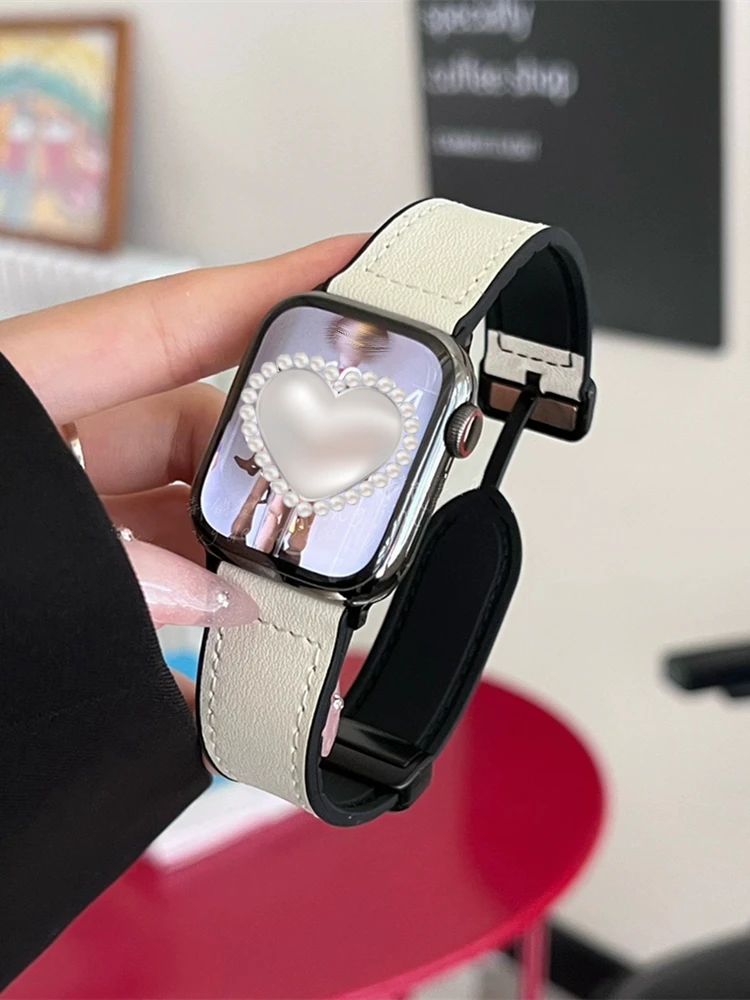 Стильный Мягкий Силиконовый + Кожаный Ремешок Для Apple Watch Band 49 мм 41 44 45 40 Магнитный Ремешок Для iWatch Ultra Series 8 7 SE 6 5 4 3