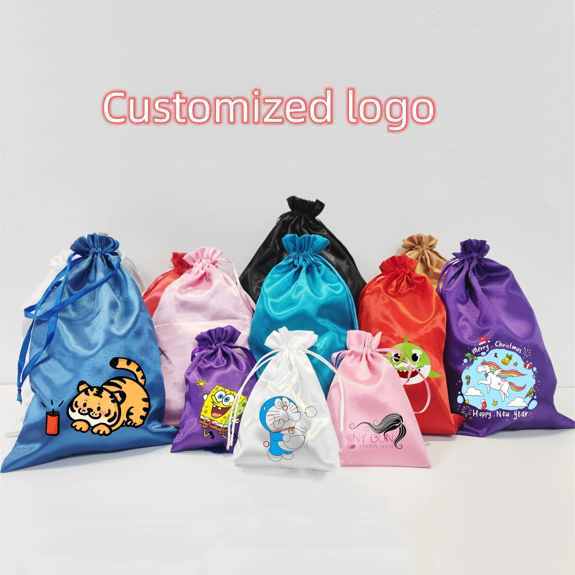 Сумка для хранения парика с логотипом, сумка для наращивания волос, Черная розовая шелковая атласная сумка с завязками, подарочные пучки волос, упаковочные пакеты 25 * 35 см