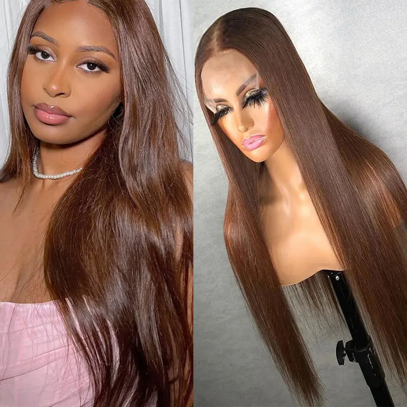Темно-коричневый парик из синтетических волос на кружеве, Шелковистое Прямое высококачественное термостойкое волокно, предварительно выщипанные женские волосы для ежедневного использования женщинами
