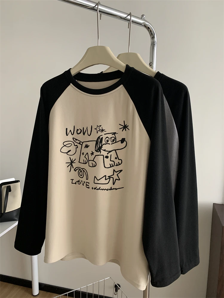 Толстая двусторонняя футболка из австралийского бархата с круглым вырезом и рукавами реглан с героями мультфильмов для женщин, свободный крой, уменьшающий возраст, теплая