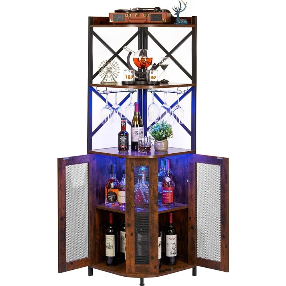 Угловой барный шкаф со светодиодной подсветкой, 5-слойный винный шкаф со стеклянными кронштейнами, регулируемыми полками Для хранения ликера и вина
