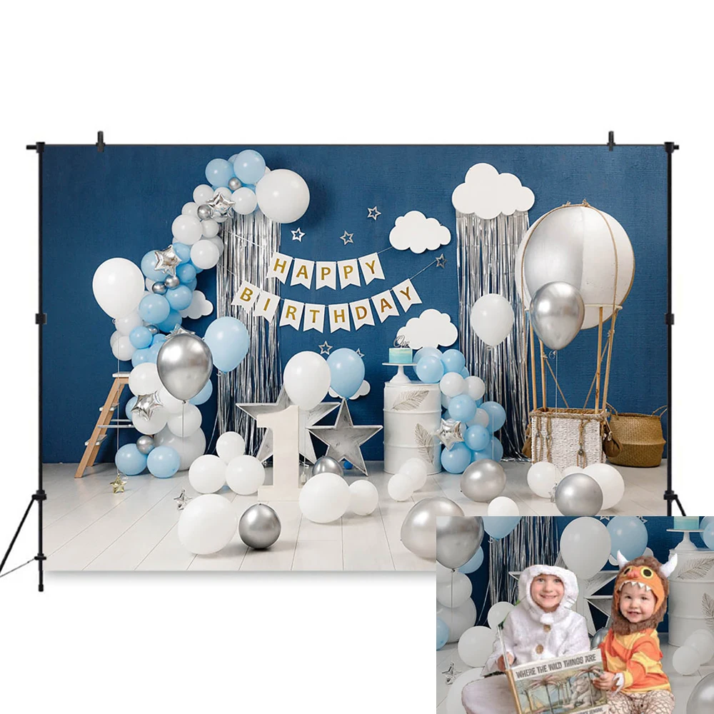 Фон для фотосъемки мальчика, разбивающего торт на 1-й день рождения, Фон для новорожденных, тема синих воздушных шаров, Белое облако, капли для фотостудии Изображение 0 
