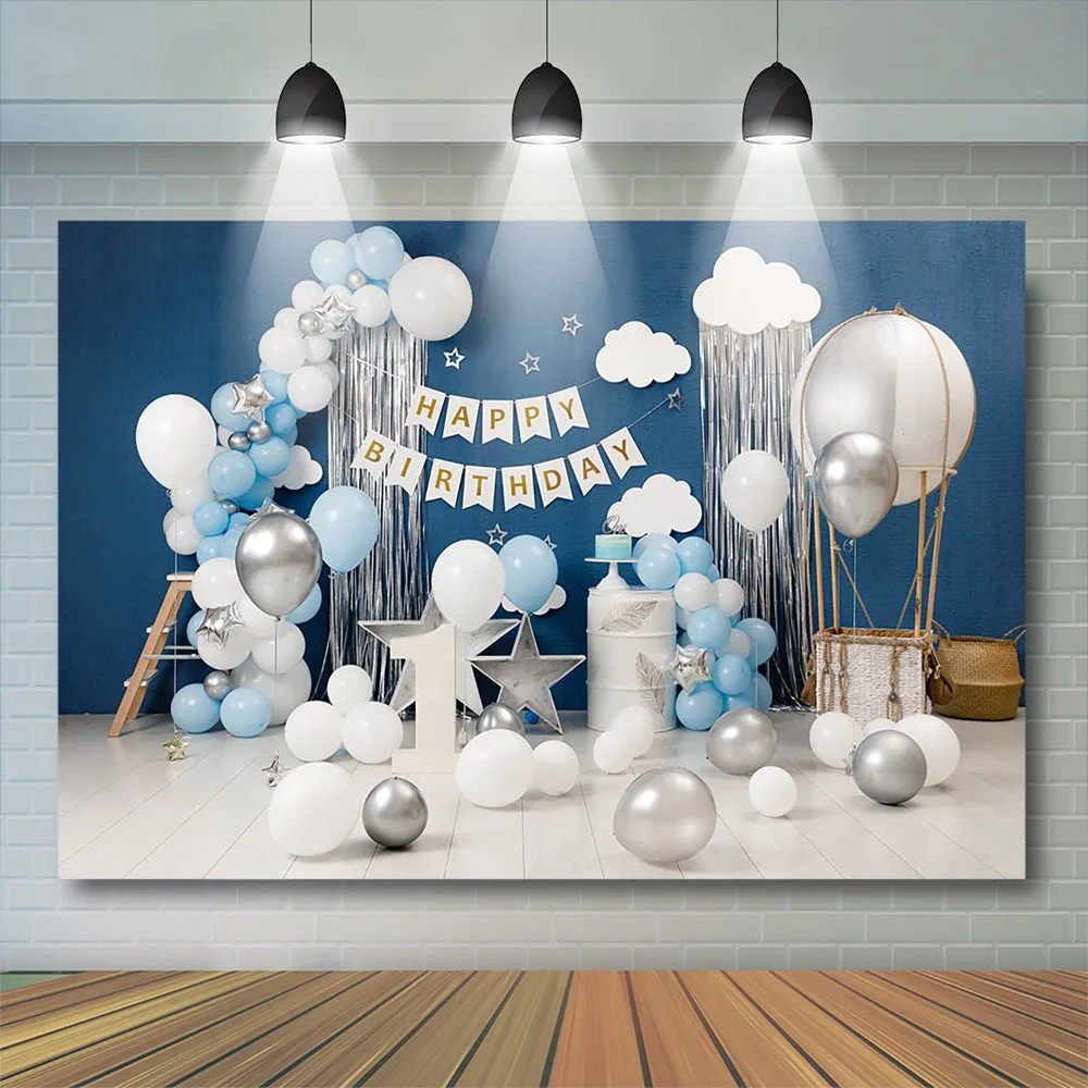 Фон для фотосъемки мальчика, разбивающего торт на 1-й день рождения, Фон для новорожденных, тема синих воздушных шаров, Белое облако, капли для фотостудии Изображение 1 