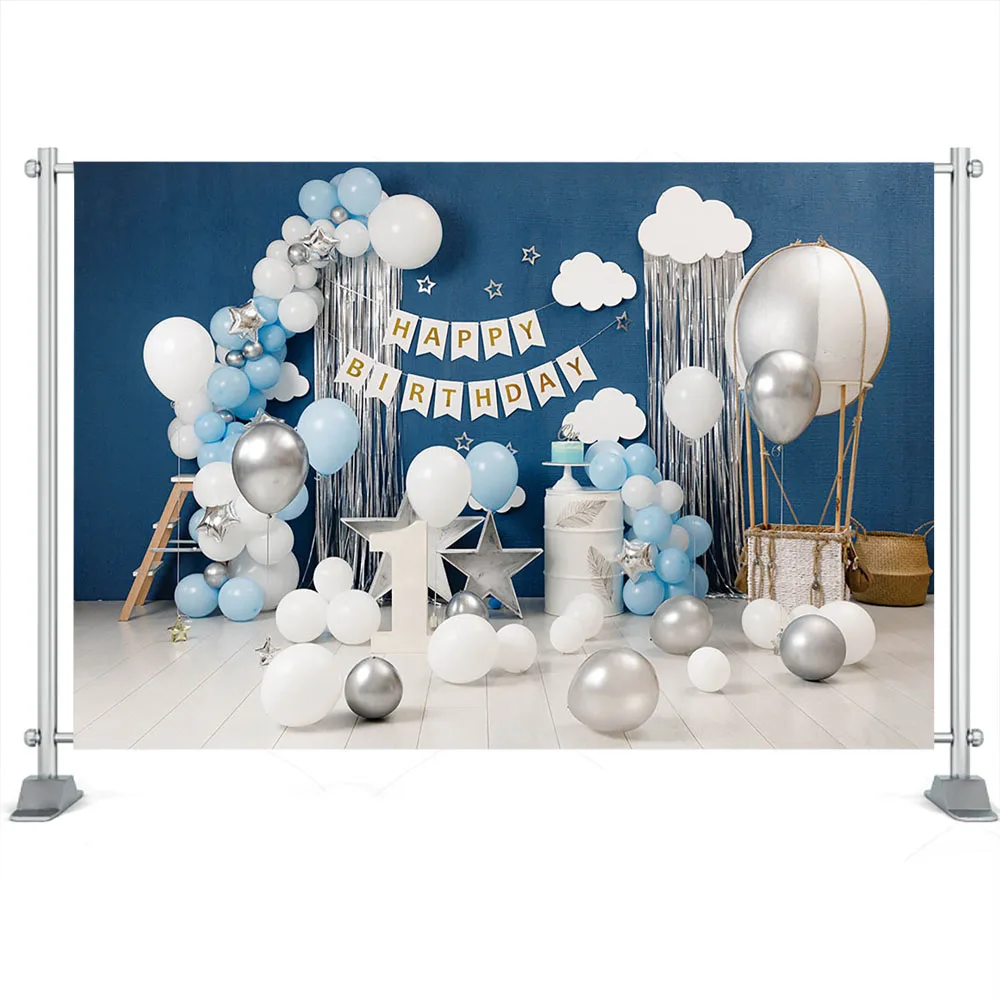 Фон для фотосъемки мальчика, разбивающего торт на 1-й день рождения, Фон для новорожденных, тема синих воздушных шаров, Белое облако, капли для фотостудии Изображение 2 