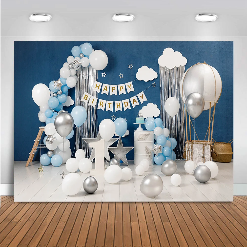 Фон для фотосъемки мальчика, разбивающего торт на 1-й день рождения, Фон для новорожденных, тема синих воздушных шаров, Белое облако, капли для фотостудии Изображение 3 