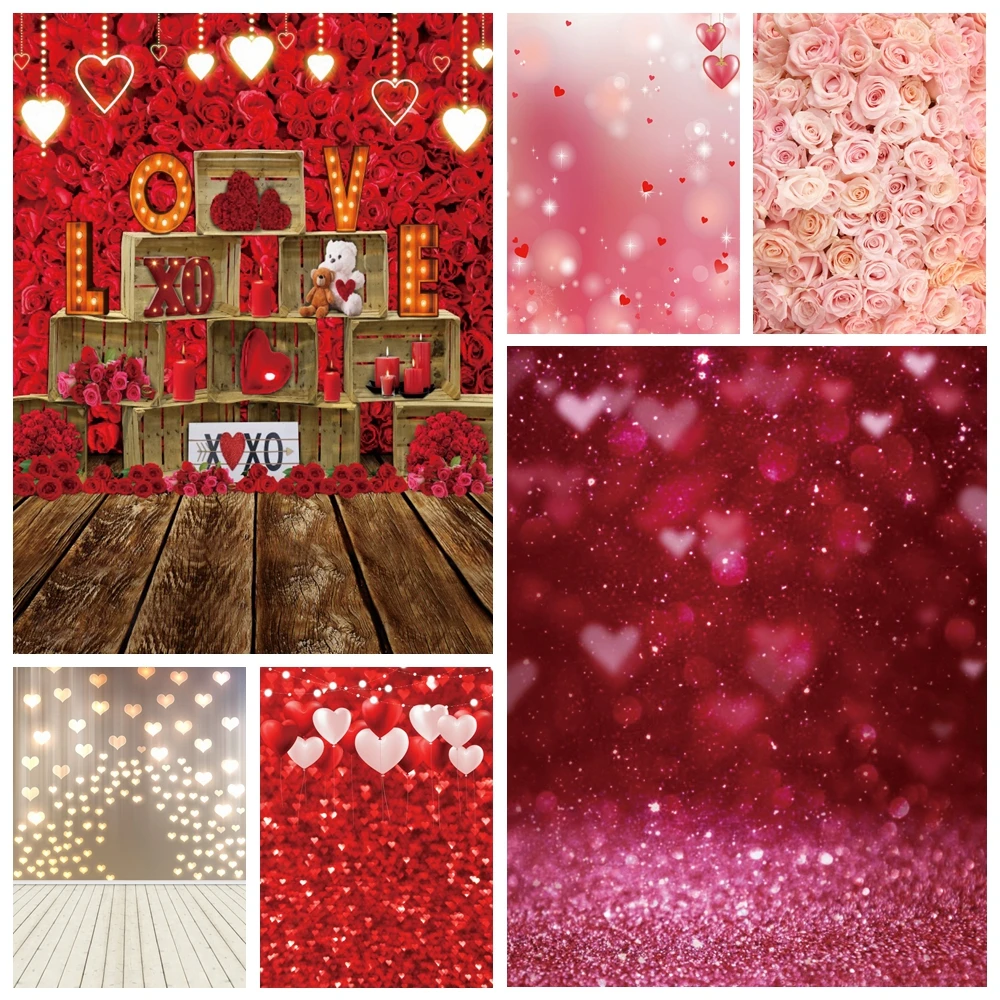 Фотография на День Святого Валентина 14 февраля, Красная роза, влюбленное сердце, блестящий свадебный фон с цветочным рисунком боке Изображение 0 