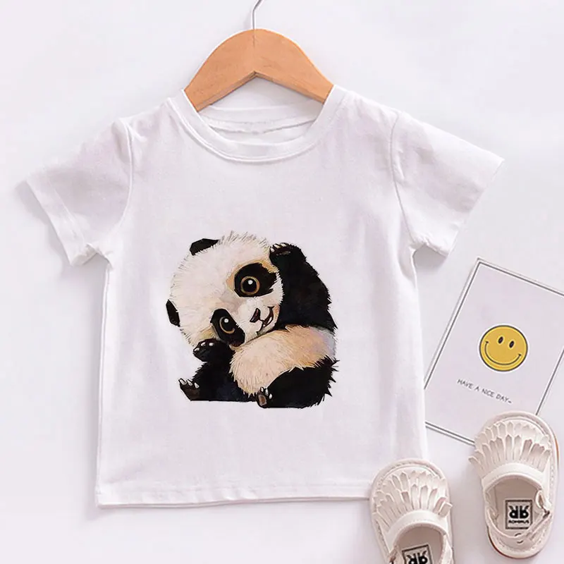Футболка для девочек Летняя модная одежда с принтом панды, Детская футболка, повседневный круглый вырез, Короткий рукав, футболки с животными для мальчиков, Белый милый Новый топ