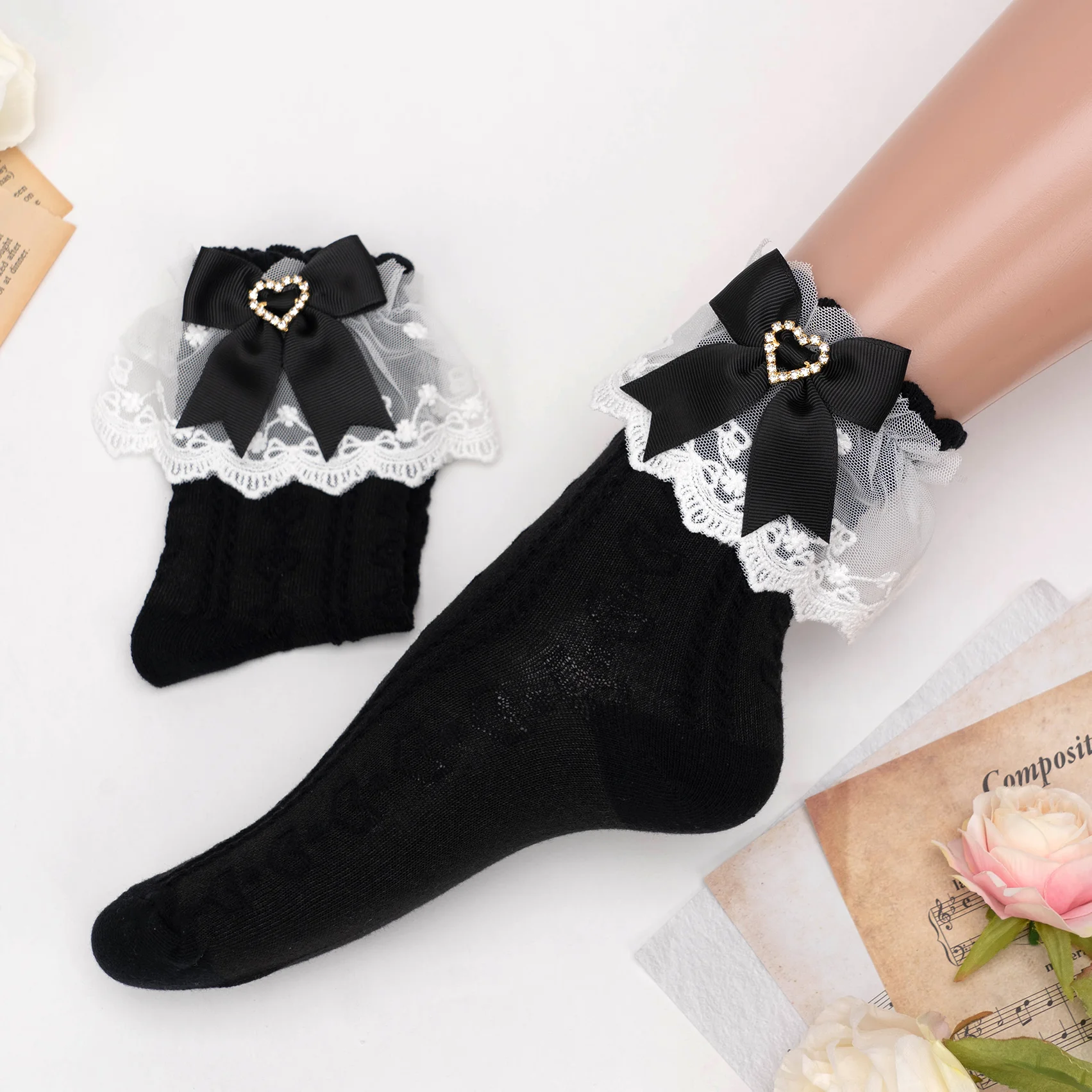 Хлопчатобумажные носки с оборками в японском стиле серии Mine серийного производства JK Love, носки с темным узором и бантиком, чулки для милой кавайной девушки в стиле Лолиты Изображение 1 