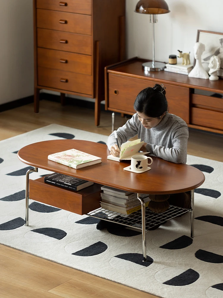 Чайный столик, небольшой гарнитур, гостиная, домашний, массив дерева, Скандинавское ретро, многофункциональный японский овальный столик