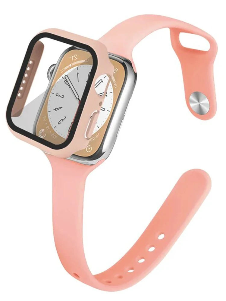 Чехол + Тонкий ремешок для Apple Watch band 44 мм 45 мм 40 мм 41 мм 38-42 мм Силиконовый ремешок для часов спортивный браслет iWatch serie 9 8 7 4 5 6 3 se Изображение 0 