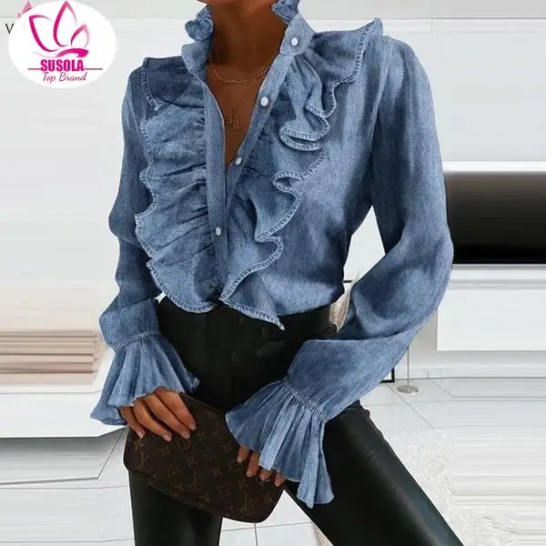 Элегантные женские блузки SUSOLA, женские офисные топы Demin 2024, повседневные вечерние рубашки с длинным рукавом и отворотом, женская туника Изображение 2 