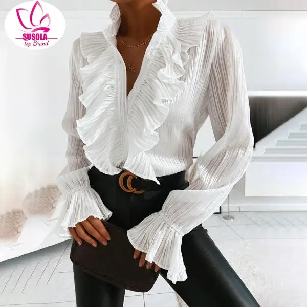 Элегантные женские блузки SUSOLA, женские офисные топы Demin 2024, повседневные вечерние рубашки с длинным рукавом и отворотом, женская туника Изображение 3 