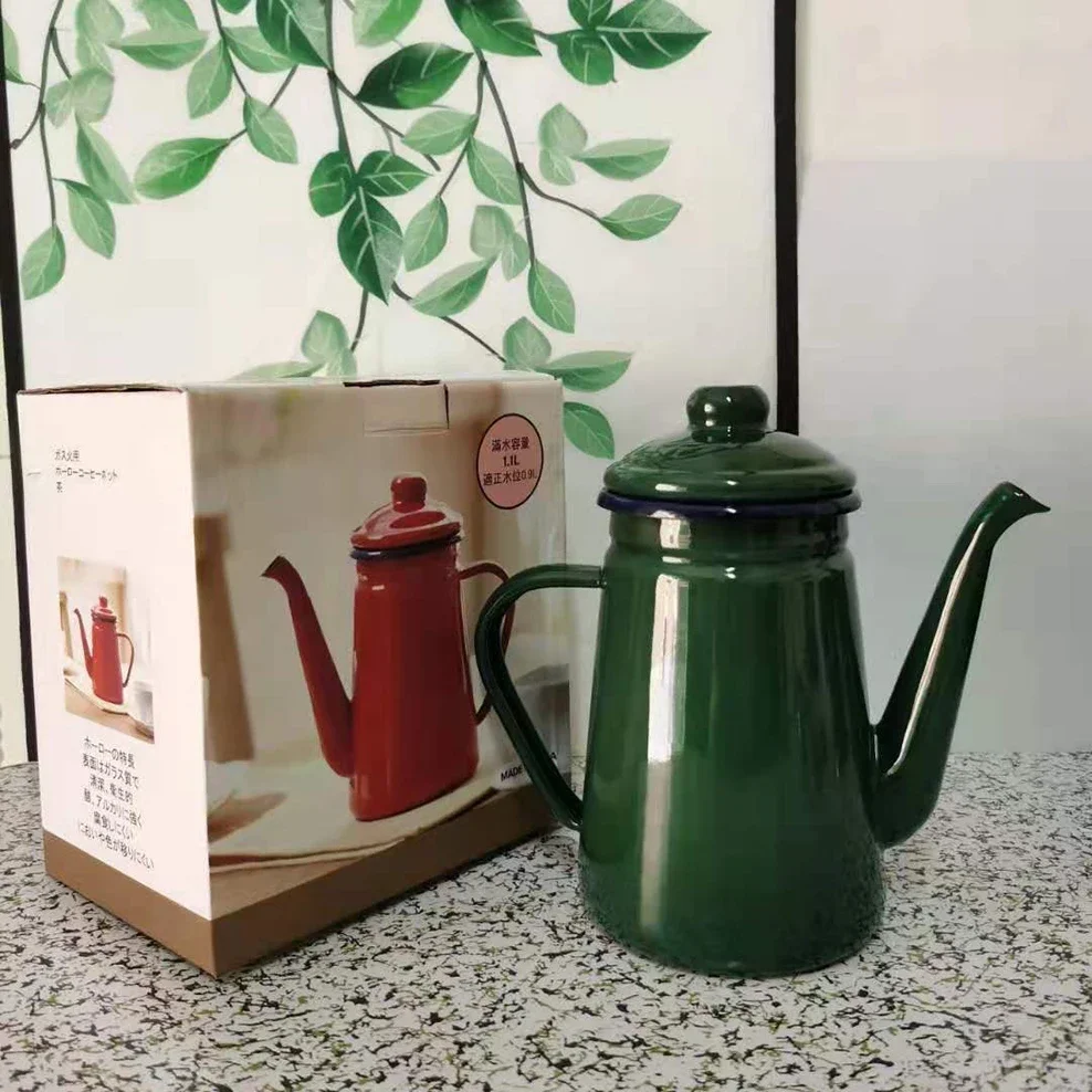 Эмалированный кофейник объемом 1,1 л, Армейский Зеленый чайник, Ресторанный чайник для дома, Эмалированная Кофейная чашка Изображение 1 