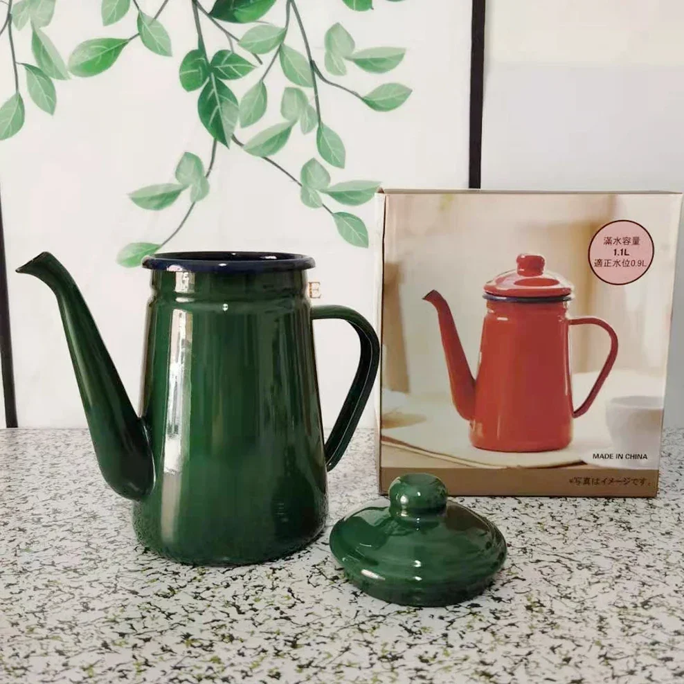 Эмалированный кофейник объемом 1,1 л, Армейский Зеленый чайник, Ресторанный чайник для дома, Эмалированная Кофейная чашка Изображение 2 