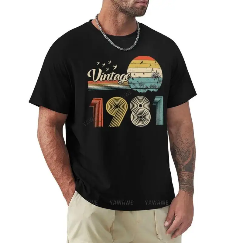 черный винтаж 1981 года, Ретро-дизайн на день рождения 1981 года Рождения, подарок на 40-летие, Футболка на 40 лет, мужская хлопковая футболка с круглым вырезом, топы